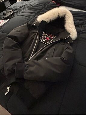 Moose Knuckles Black Puffer Jacket with Fur-Trim Hood